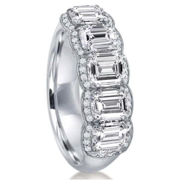 Italo Halo Emerald Created White Sapphire Wedding Band 925 Sterling Silver - Picture 4 of 7